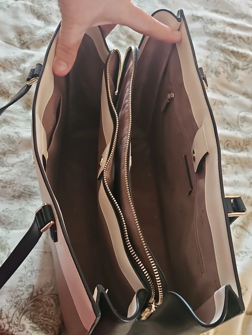 Kate Spade Madison Saffiano Leather Black Cream Taupe East West Laptop Tote
